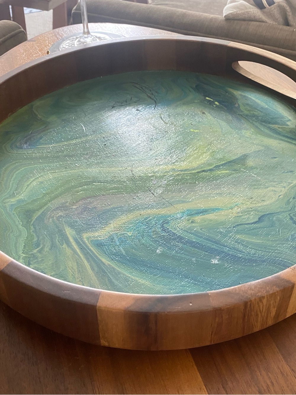 Handcrafted Green Swirl Decorative Tray by Arcadia. Think teak. Dept 62